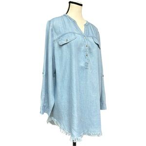 Hester & Orchard Light Wash Chambray Tunic Dress Frayed Hem Size L